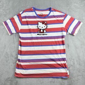 Hello Kitty By Sanrio Shirt Medium Cream Red Blue Striped Crew Neck Short Sleeve